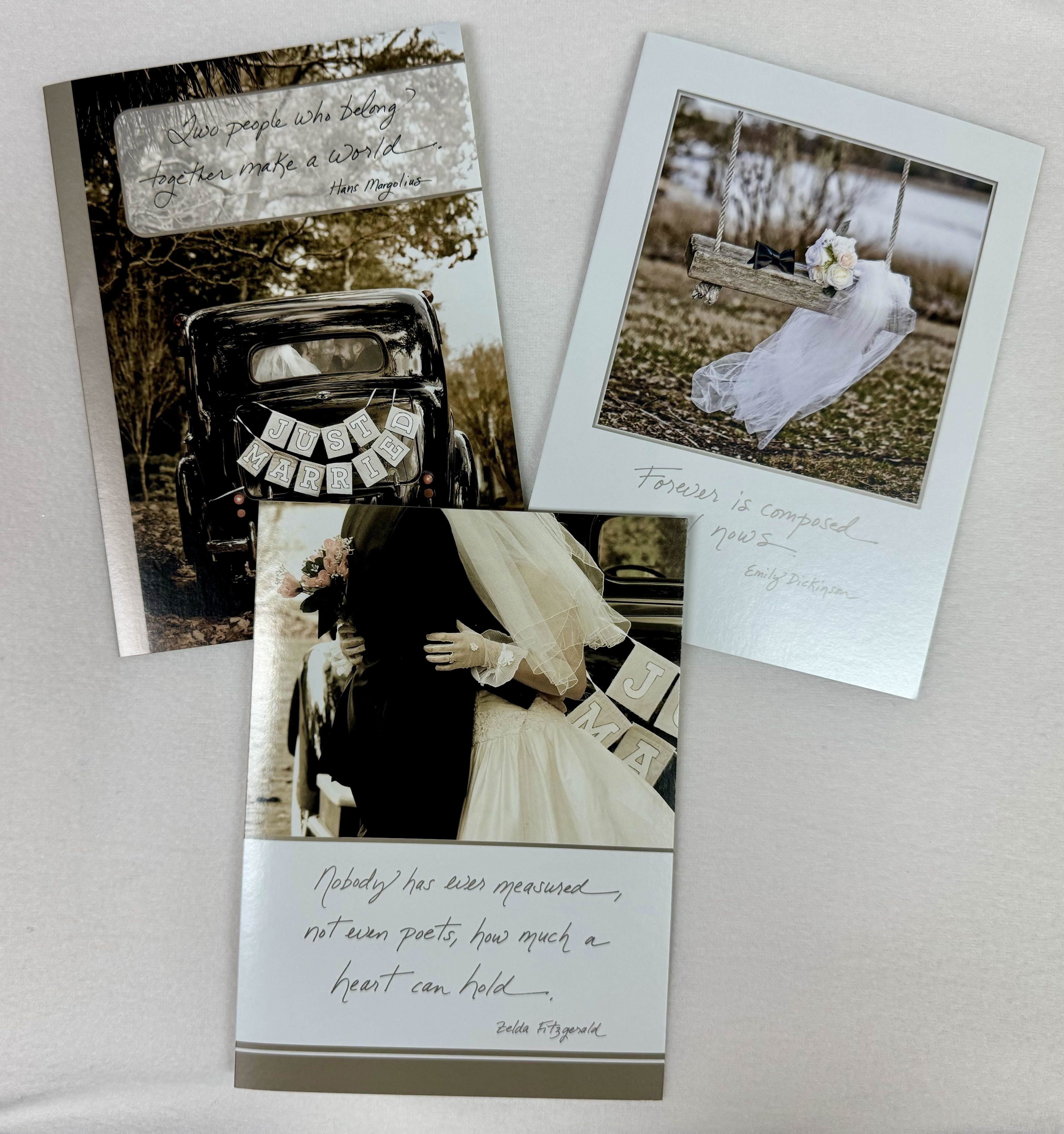 Three wedding-themed greeting cards with photos of a bride and groom