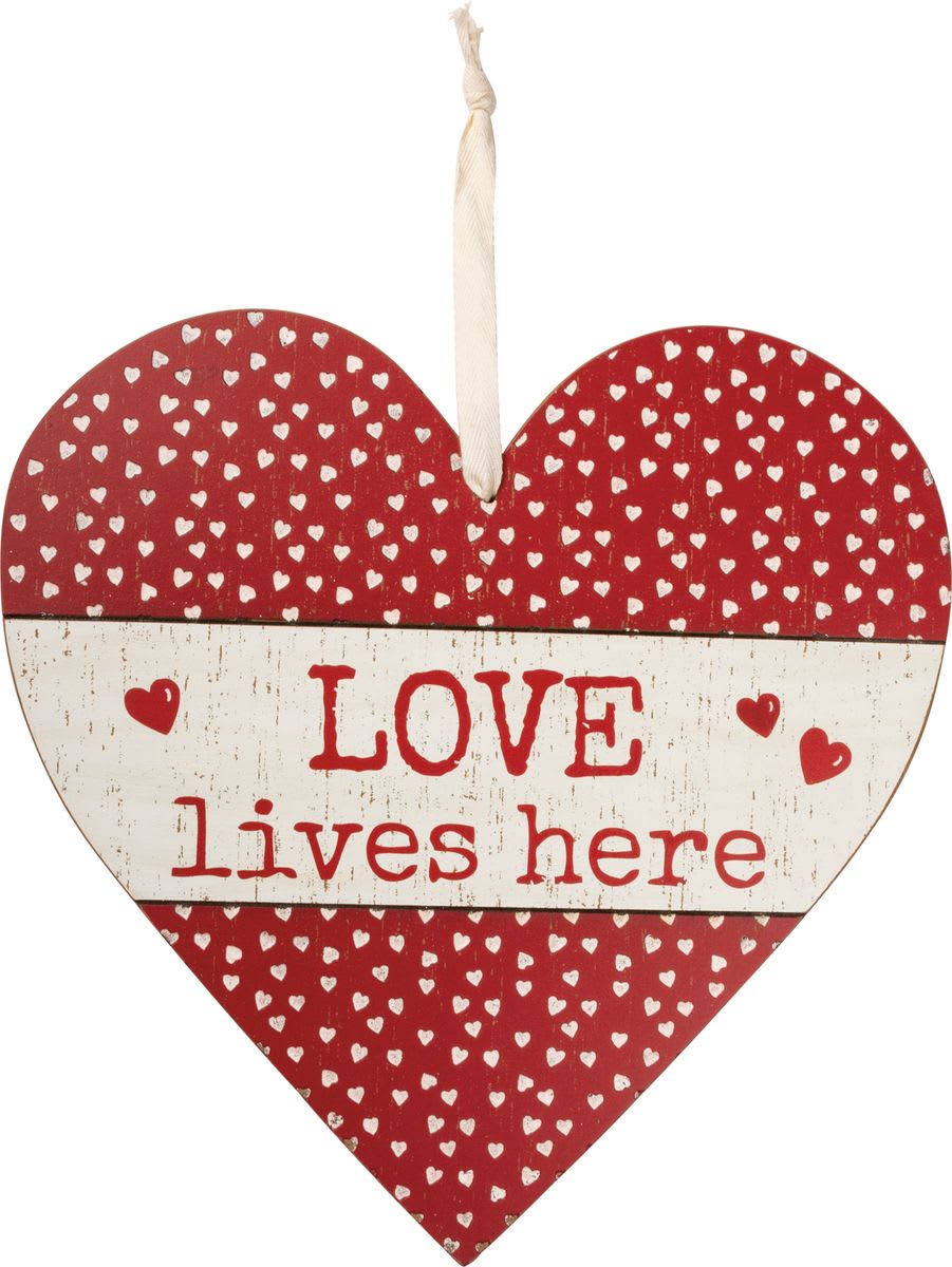 Love lives here,  Heart Shaped Sign - Beautiul wooden sign measuring 13" x 13.5" A super add on to any Valentine or Anniversary order.