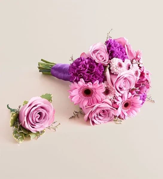 Lavender &amp; Purple Set for Prom - A hand held bouquet for her and a boutonniere for him. Matching set!