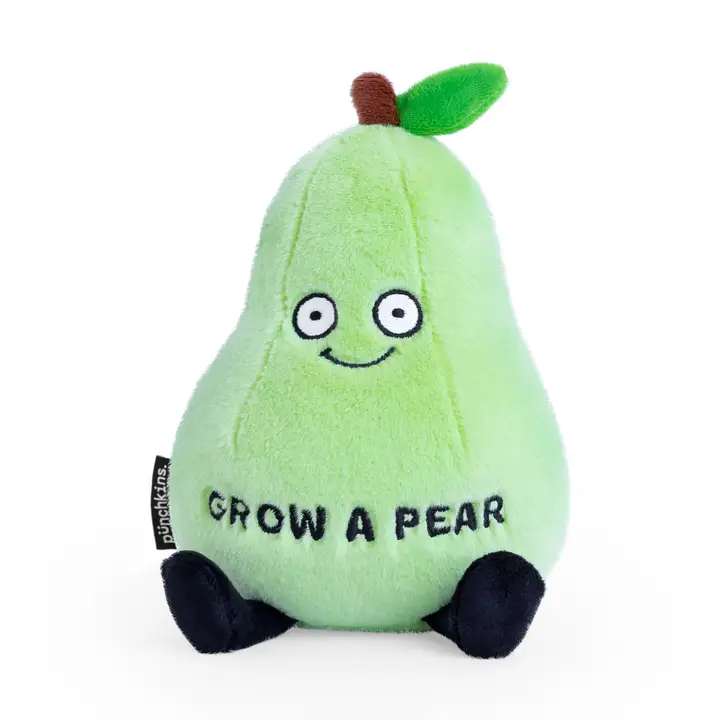 Plush pear toy with a smiling face and "Grow a Pear" text