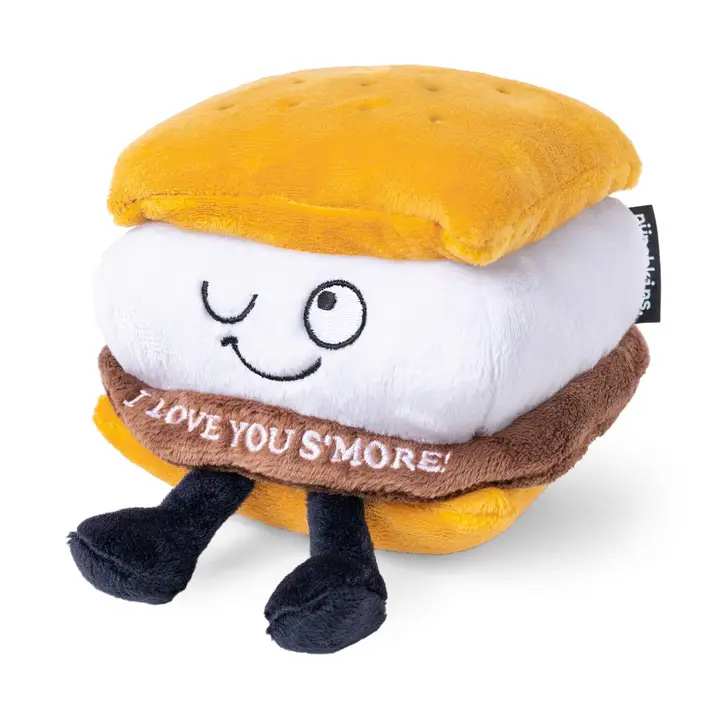Plush s'mores toy with a winking face and embroidered text