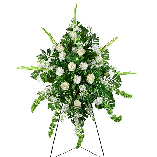 Everlasting Peace - Everlasting Peace is a graceful standing easel designed to honor a cherished life with beauty and dignity. This elegant floral tribute features white roses, white gladiolus, white carnations, and fresh Bells of Ireland, creating a timeless arrangement that symbolizes love, peace, hope, and remembrance. Thoughtfully arranged on a standing easel, Everlasting Peace offers a heartfelt expression of sympathy and serves as a beautiful tribute to celebrate a life that will be forever remembered.