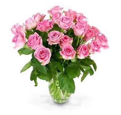 Bouquet of multiple pink roses arranged in a clear glass vase