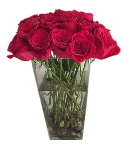 Tall glass vase of red roses with visible stems and pebbles at the base