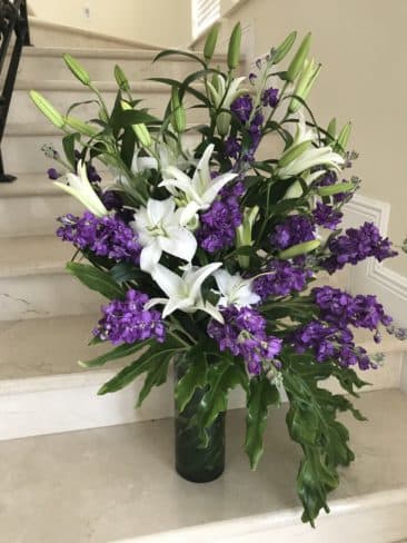 White Lilies and fragrant Purple Stock - Fragrant white lilies and Stock flowers arranged with greens in a vase. The quantity of flowers increase with Deluxe and more for Premium.   