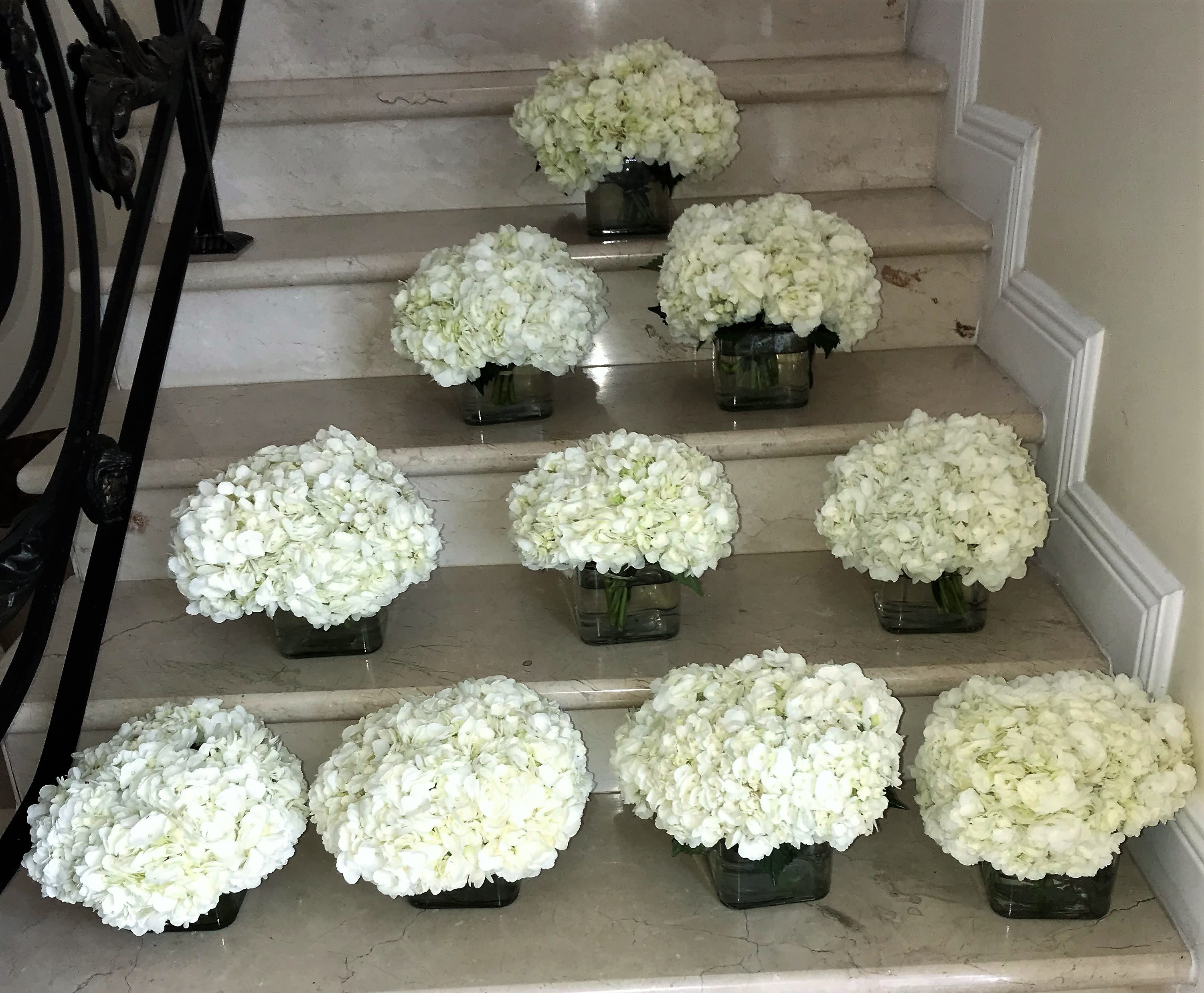 Multiple white hydrangea arrangements in square glass vases lined on marble stairs
