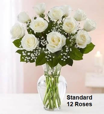 12 Roses White long stem arranged in a vase. (3 Options) - Standard: 12 White Roses arranged in a vase. Deluxe: 18 White Roses and more greens arranged in a vase Premium: 24 White Roses and more greens arranged in a vase