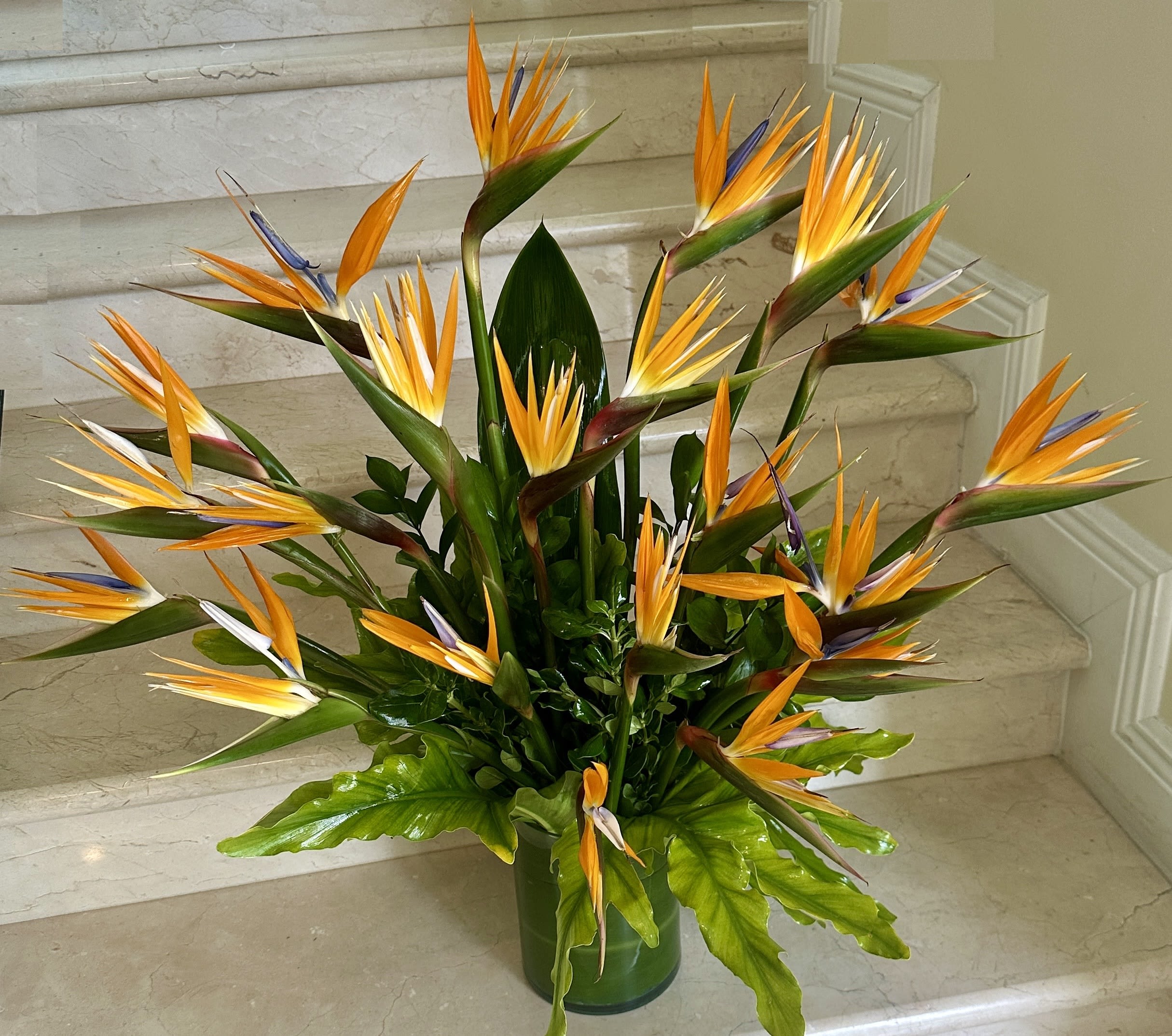 Tall arrangement of orange bird of paradise flowers in a green glass vase