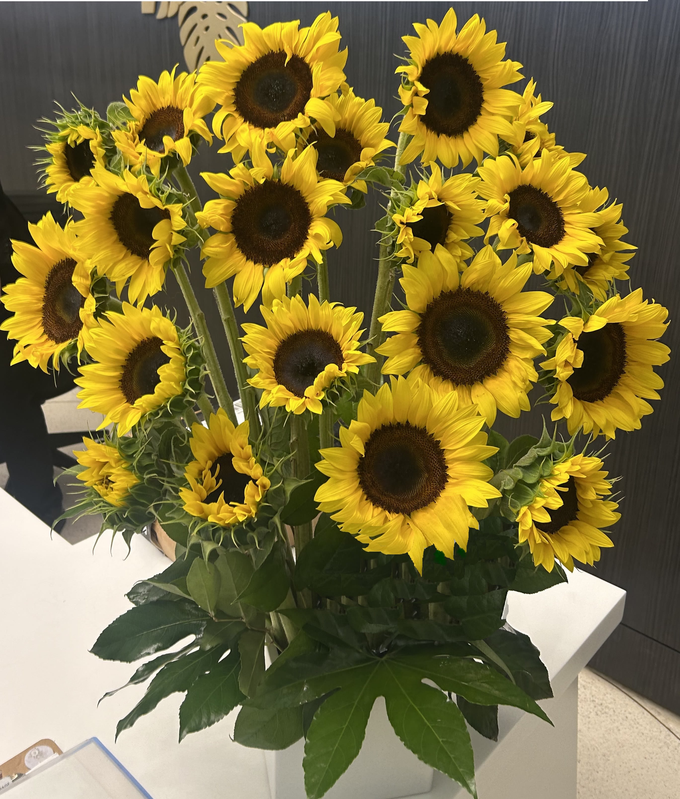 Tall arrangement of bright yellow sunflowers with dark centers in a white rectangular vase