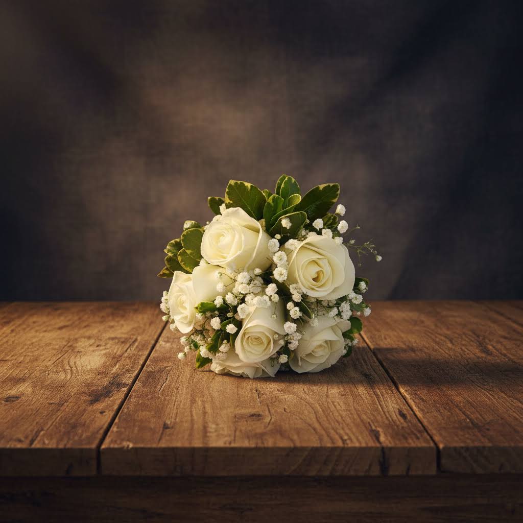 Small bouquet of white roses with baby's breath and greenery