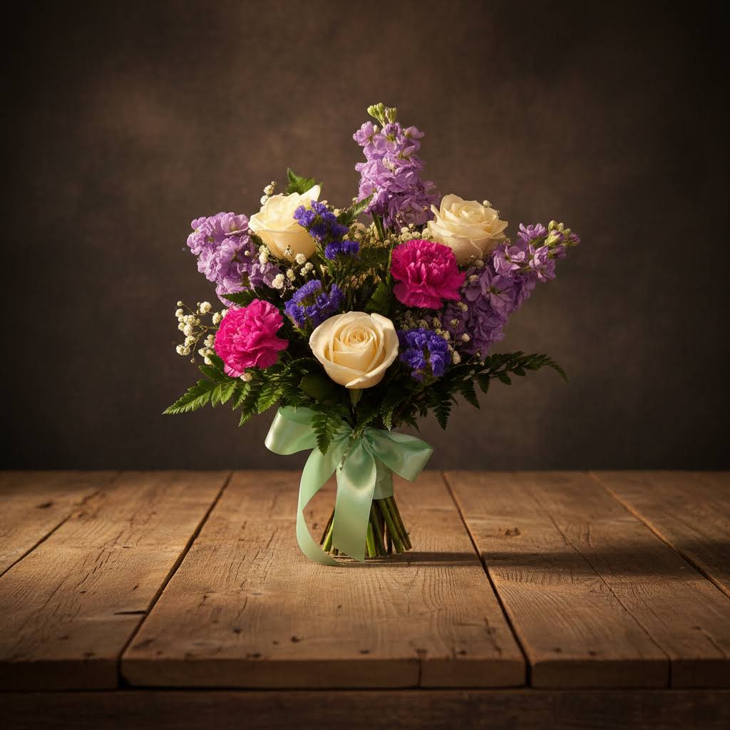 Bouquet of cream roses, pink carnations, and purple flowers tied with a mint ribbon