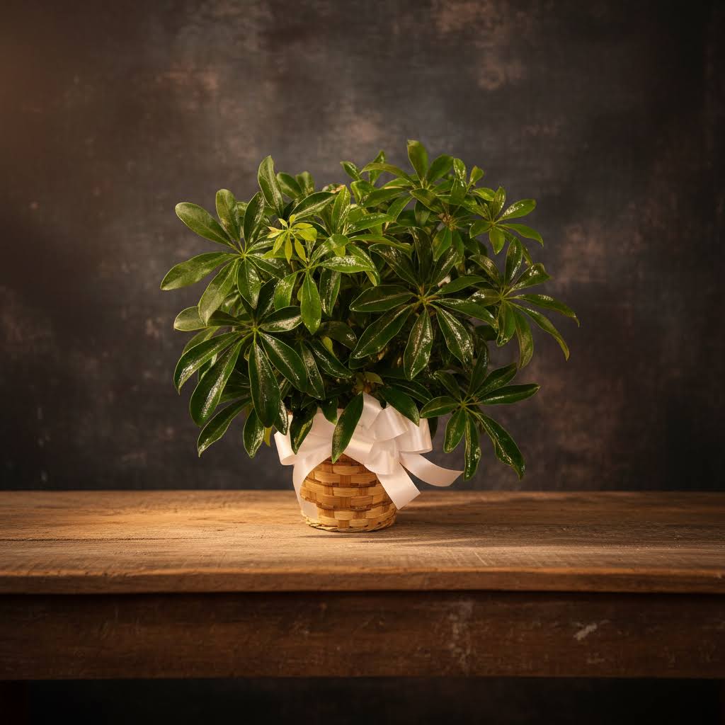 Potted green plant in a woven basket with a white ribbon