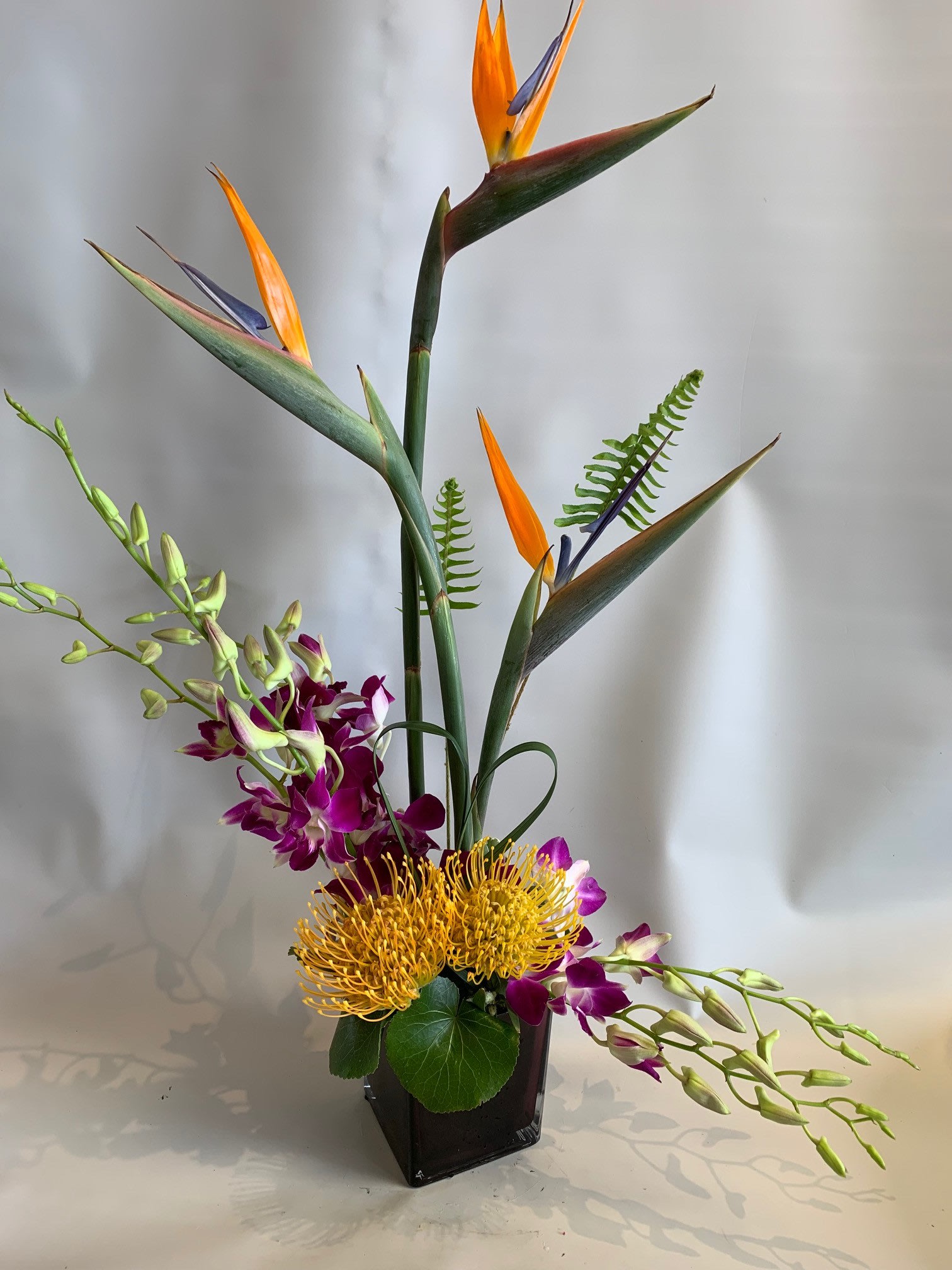 Tall tropical arrangement with orange bird of paradise and purple orchids in a black vase