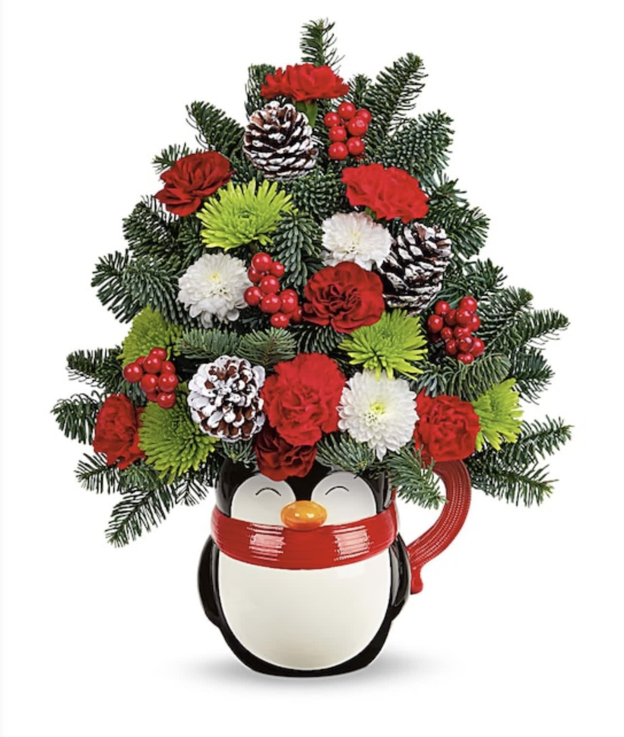 Penguin-shaped container holding a Christmas floral arrangement