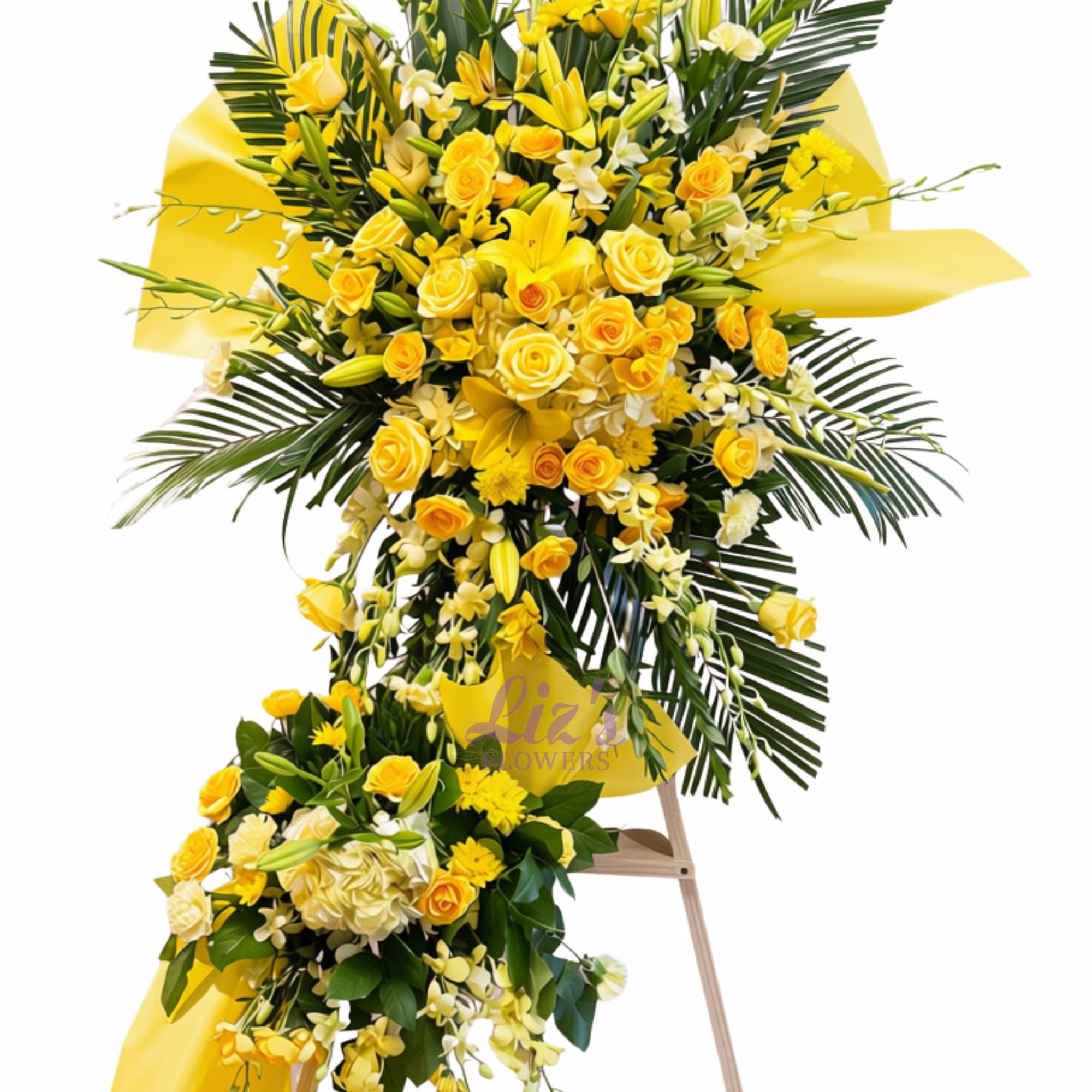 Yellow floral standing spray with roses and lilies on a stand