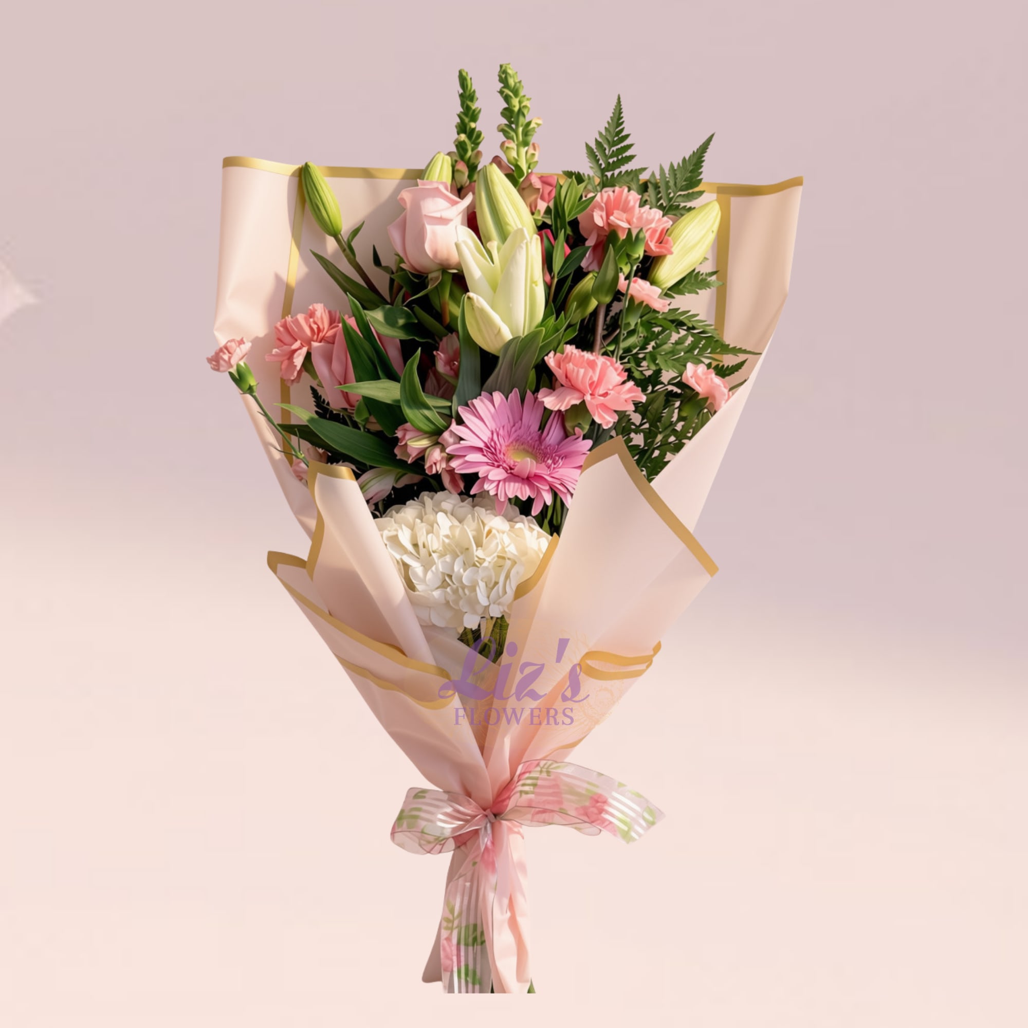Pink and white mixed bouquet wrapped in pale paper with a ribbon