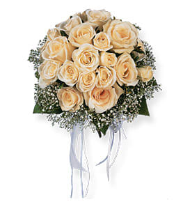 Bouquet of cream roses with white baby's breath and ribbon tails