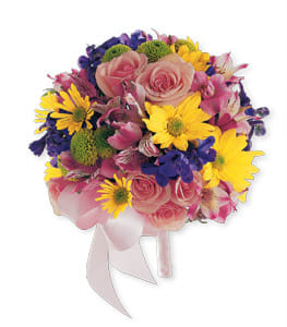Hand-tied bouquet of pink roses, yellow daisies, and purple flowers with a pink ribbon
