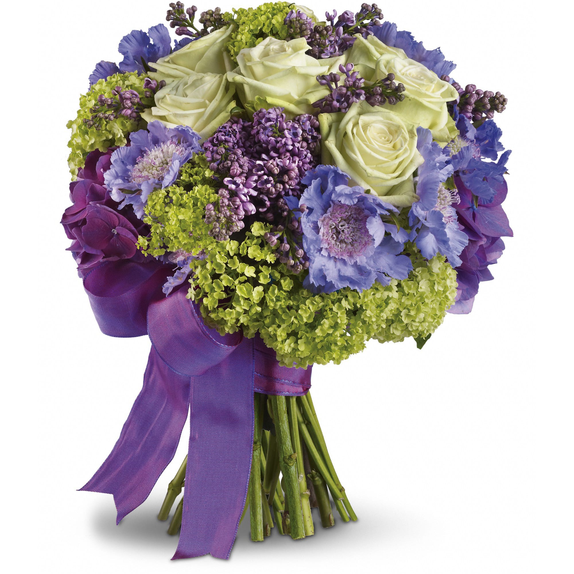 Martha's Vineyard Bouquet  - Inspired by the easy elegance of Martha's Vineyard, this unique bouquet indulges with green roses, fragrant lilacs and lavender hydrangea.  Green roses, purple hydrangea, green viburnum, lavender lilacs and scabiosa.  Approximately 10 1/2" W x 12 1/2" H  Orientation: N/A      As Shown : T194-5A  