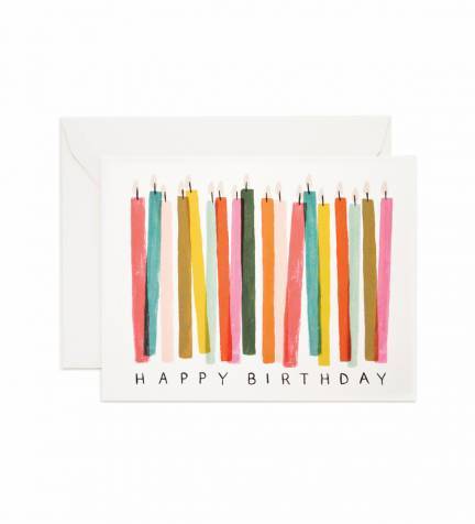 Birthday card with colorful candles and "HAPPY BIRTHDAY" text