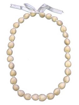 Cream-colored bead necklace with white ribbon tie on white background