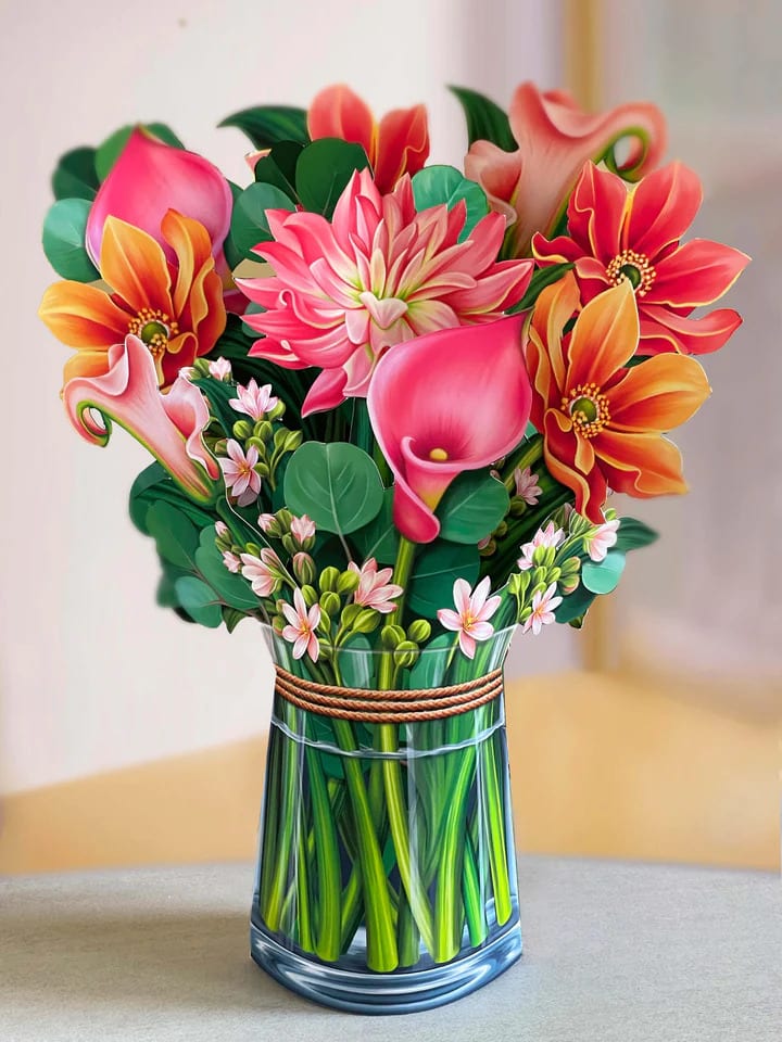 Dear Dahlia- Fresh Cut Paper Pop-Up Bouquet - Stunning paper floral bouquet pops open and brings color to any room. Note card included- handwritten message upon request. No watering needed. Send some love!