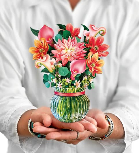 Mini Dear Dahlia - Fresh Cut Paper Pop-up Bouquet - Meet the world's most adorable greeting cards! At just 6" tall, each mini comes with a small, blank notecard and coordinating envelope.