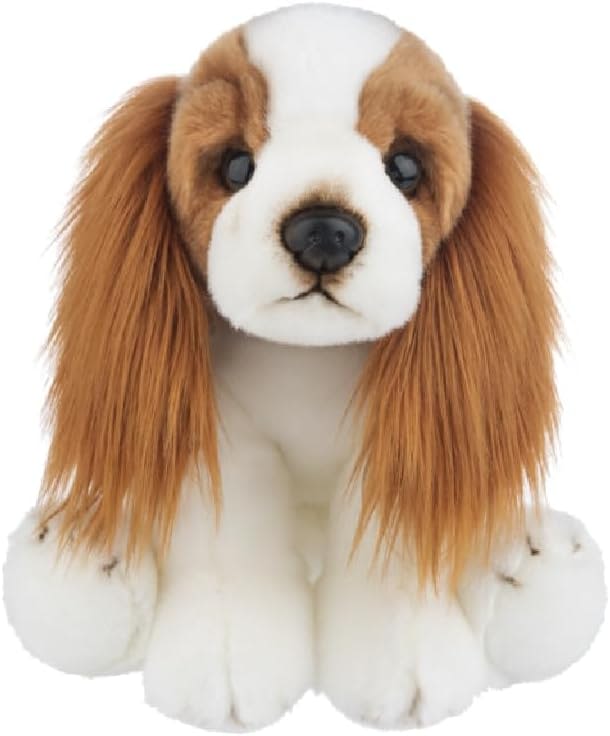 Plush dog toy with long brown ears and white fur