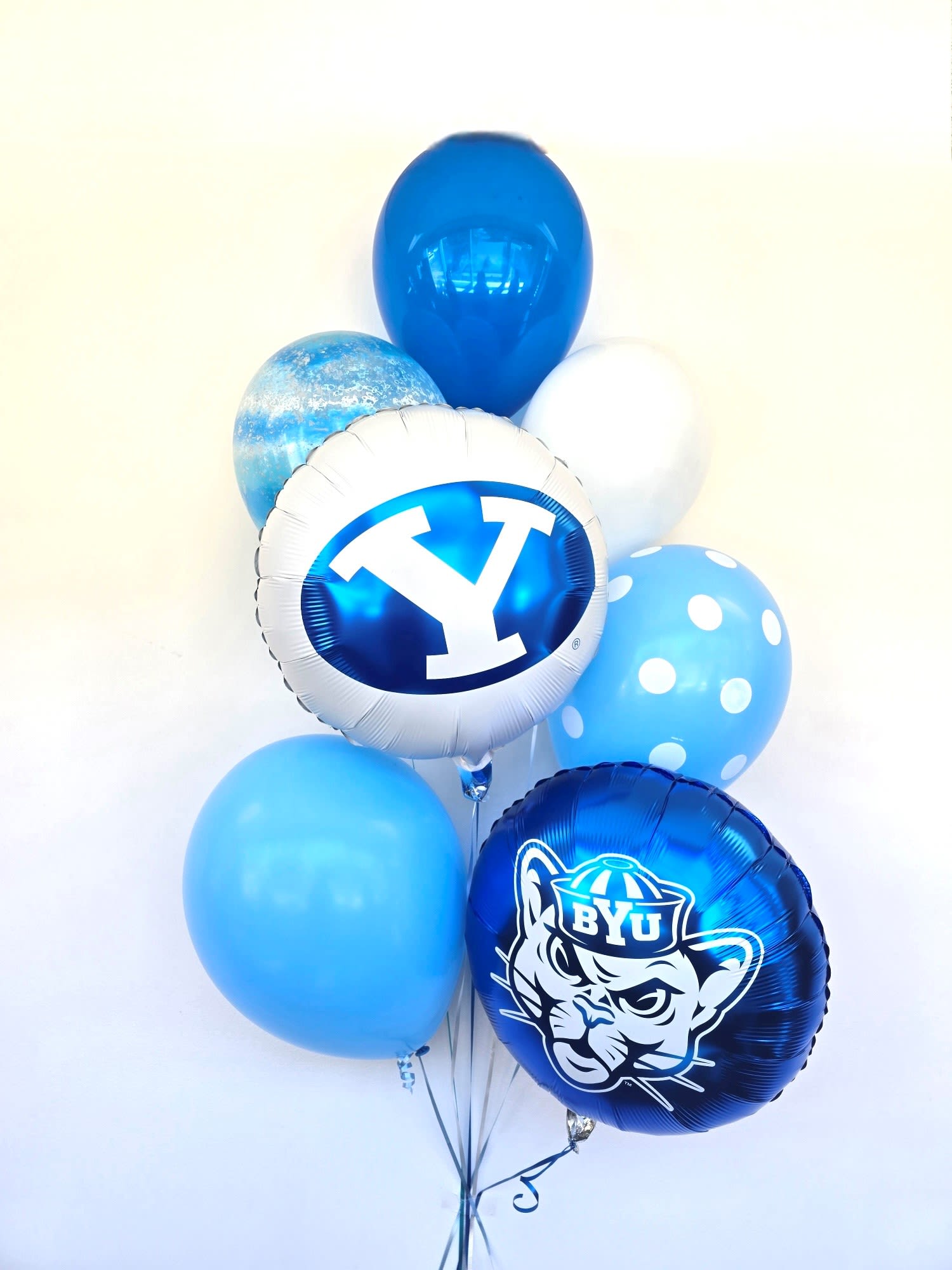 Cougar special - This fantastic grouping of various printed and plain balloons is perfect to show your love for BYU! 2 printed latex, 3 plain latex, 2 Mylar's (Balloon Selection may vary.) Includes 1 balloon weight. *ALL Sales are Final we cannot guarantee balloons due to varying weather conditions*