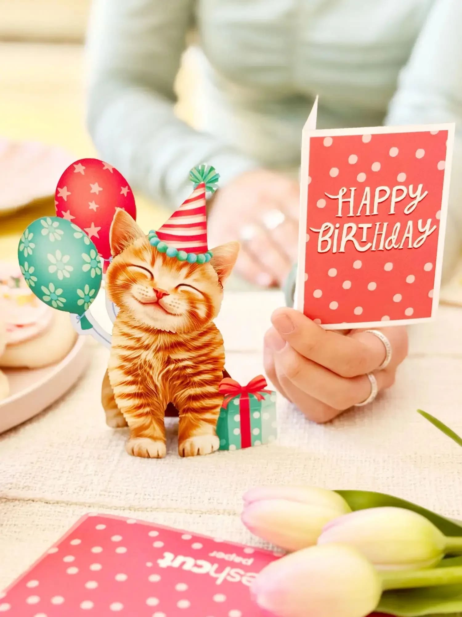 Mini Birthday Kitten Pop-Up Card - Meet our Mini Pop-Up Birthday Kitten — an irresistible pop-up birthday card for cat lovers! Smiling ear to ear, this adorable little orange tabby is dressed to celebrate. This cheerful mini pop-up greeting card is a pocket-sized keepsake that brings big smiles, making it a thoughtful and memorable way to wish someone well on their special day.