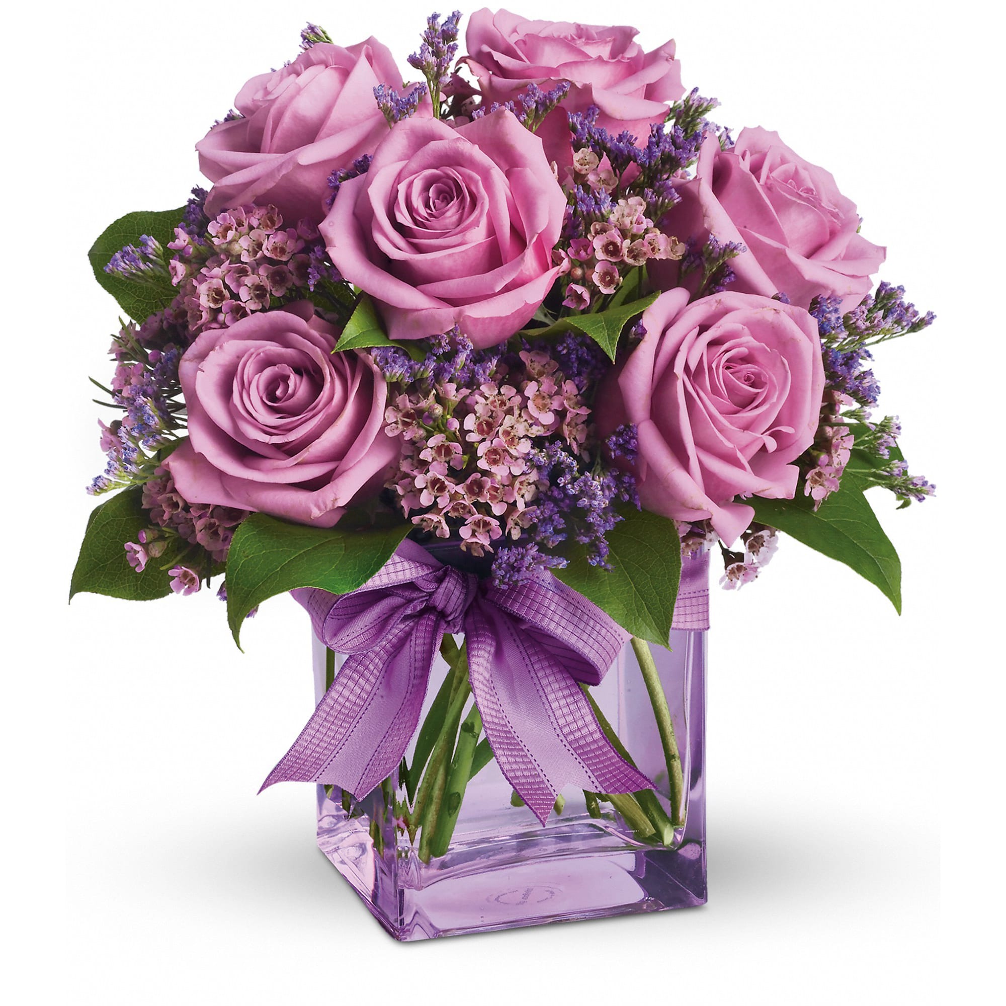 Rose Melody - Shades of purple are in perfect harmony in this profoundly pretty arrangement. A lovely mix of classic and modern, ribbons and roses, it's sure to make someone's day! Please indicate the color you would like or we will choose the freshest for you!