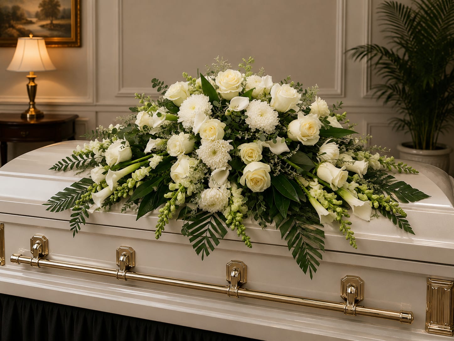 White floral spray on a casket with roses and calla lilies