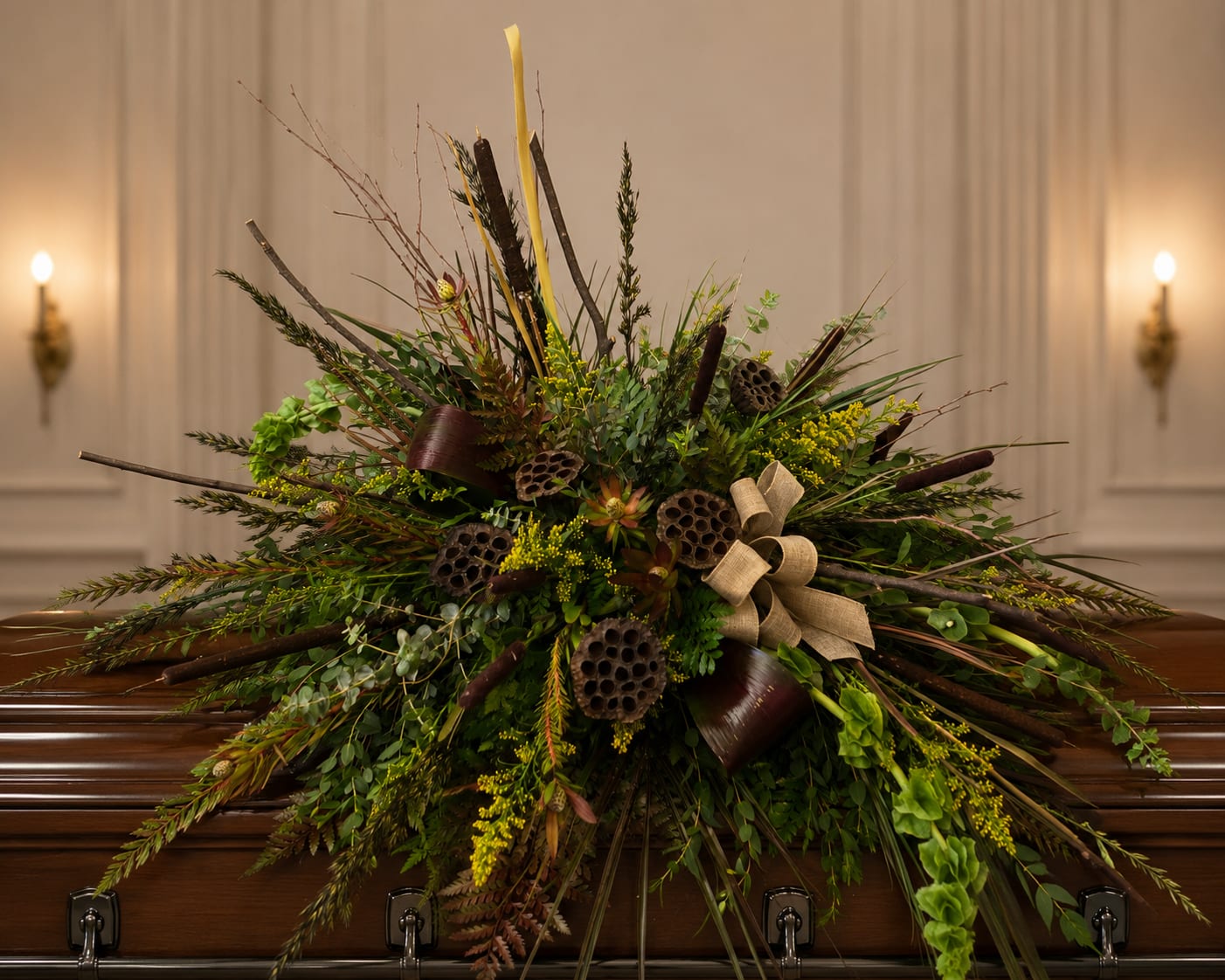 Large funeral spray with greenery, lotus pods, and beige ribbon on a casket