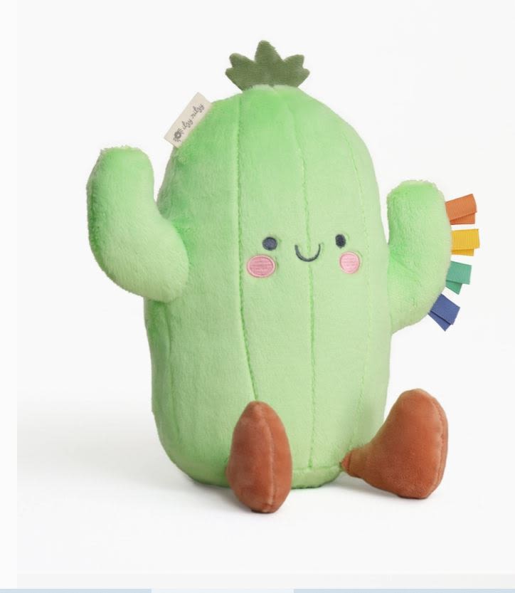 Plush green cactus toy with a smiling face and brown feet
