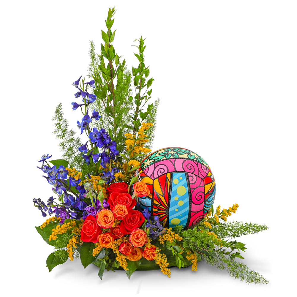 Colorful floral arrangement with roses and a decorative patterned ball