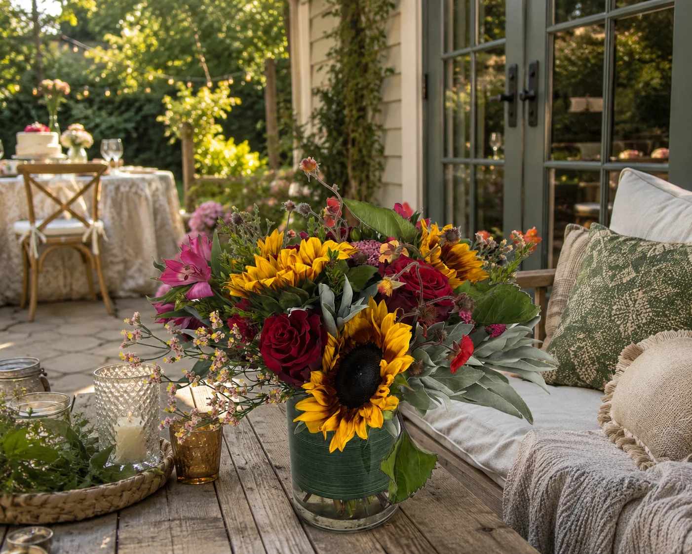 Bouquet of sunflowers and red roses in a glass vase