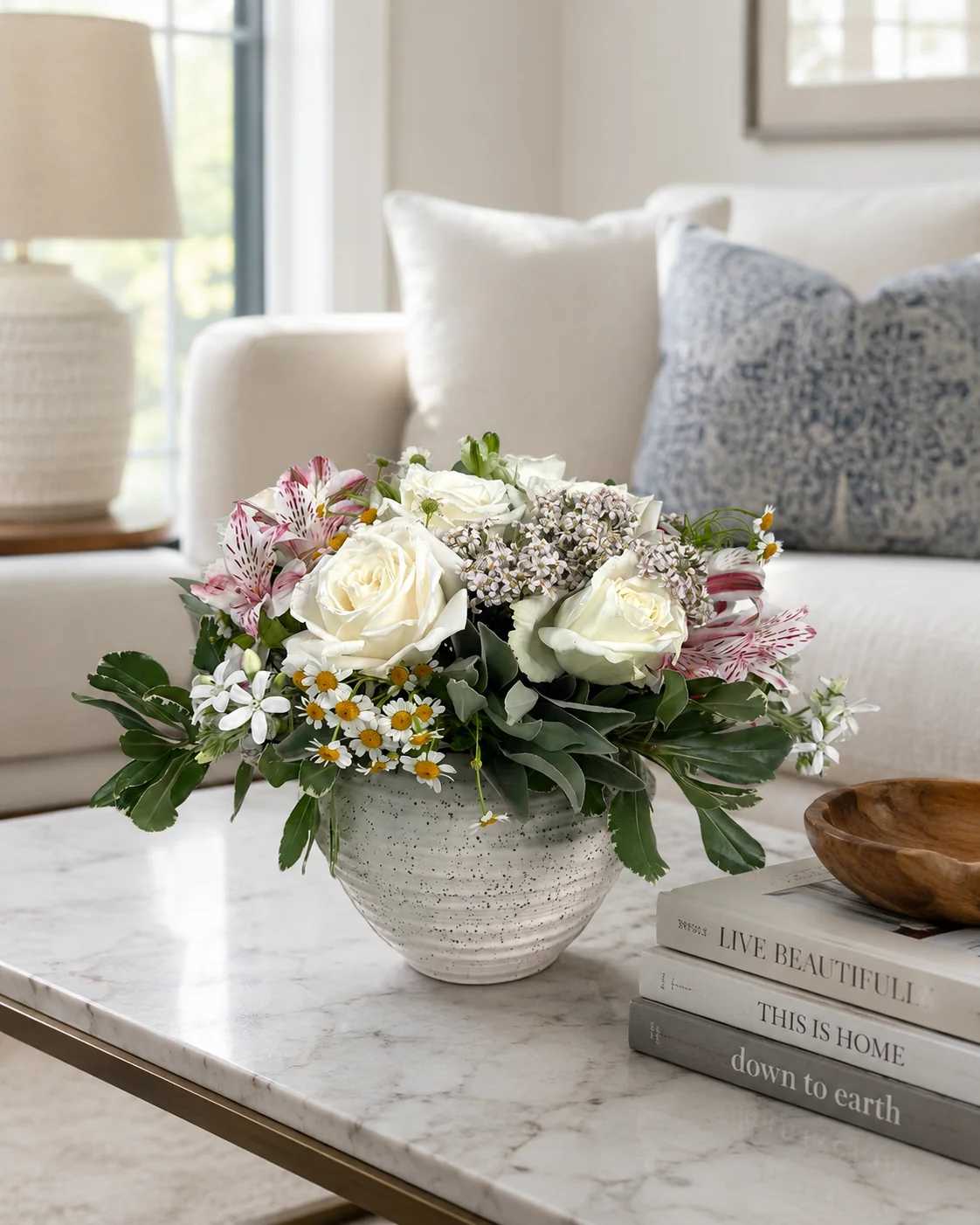White roses and pink alstroemeria in a speckled ceramic vase