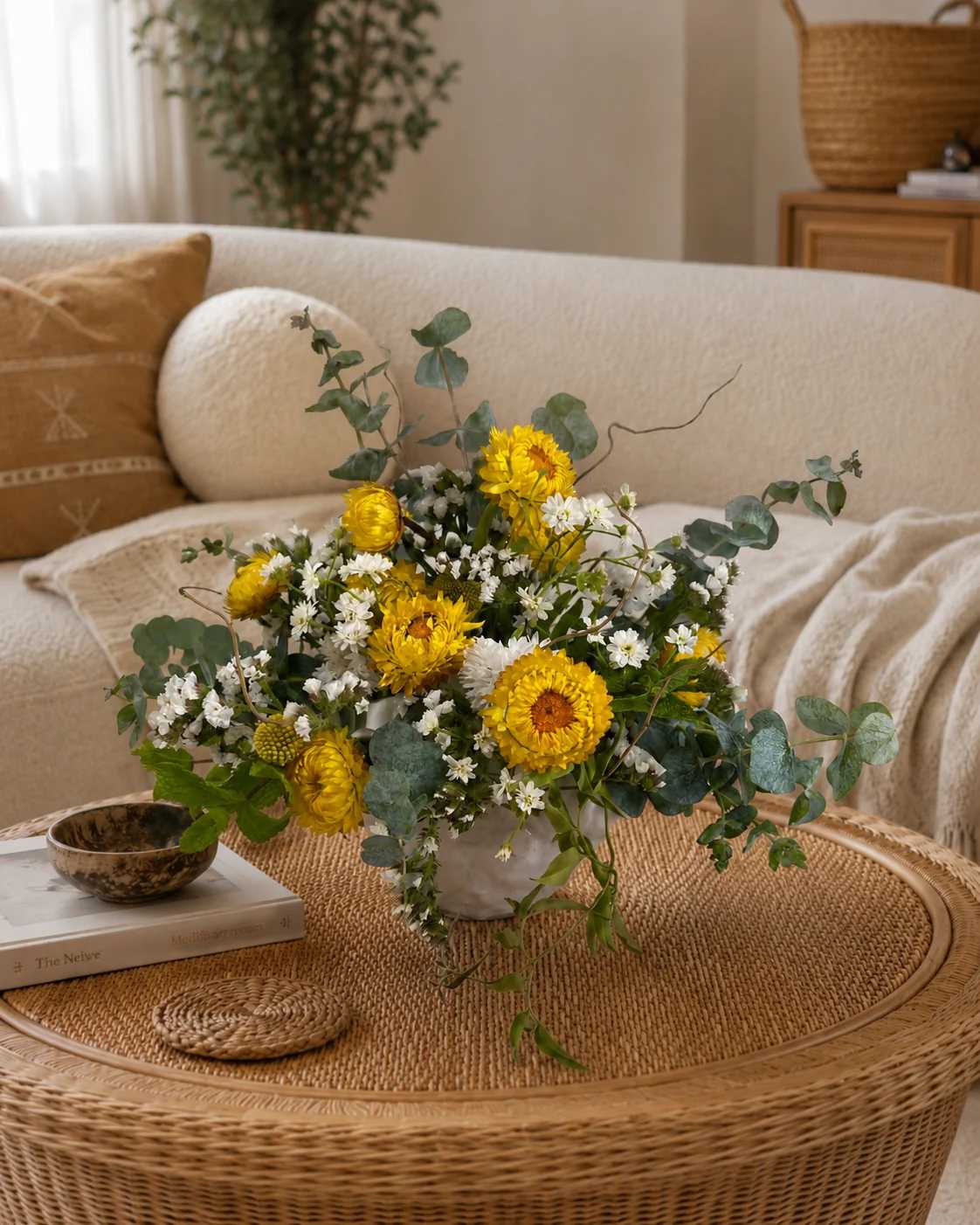 Yellow and white flower arrangement in a white vase on a woven coffee table