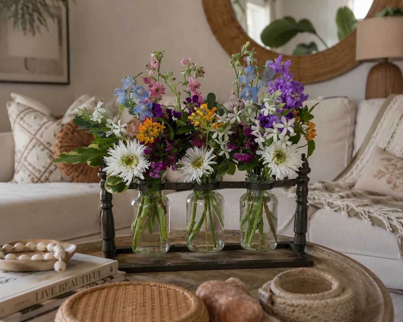 Three small glass vases hold colorful mixed flowers on a tray.