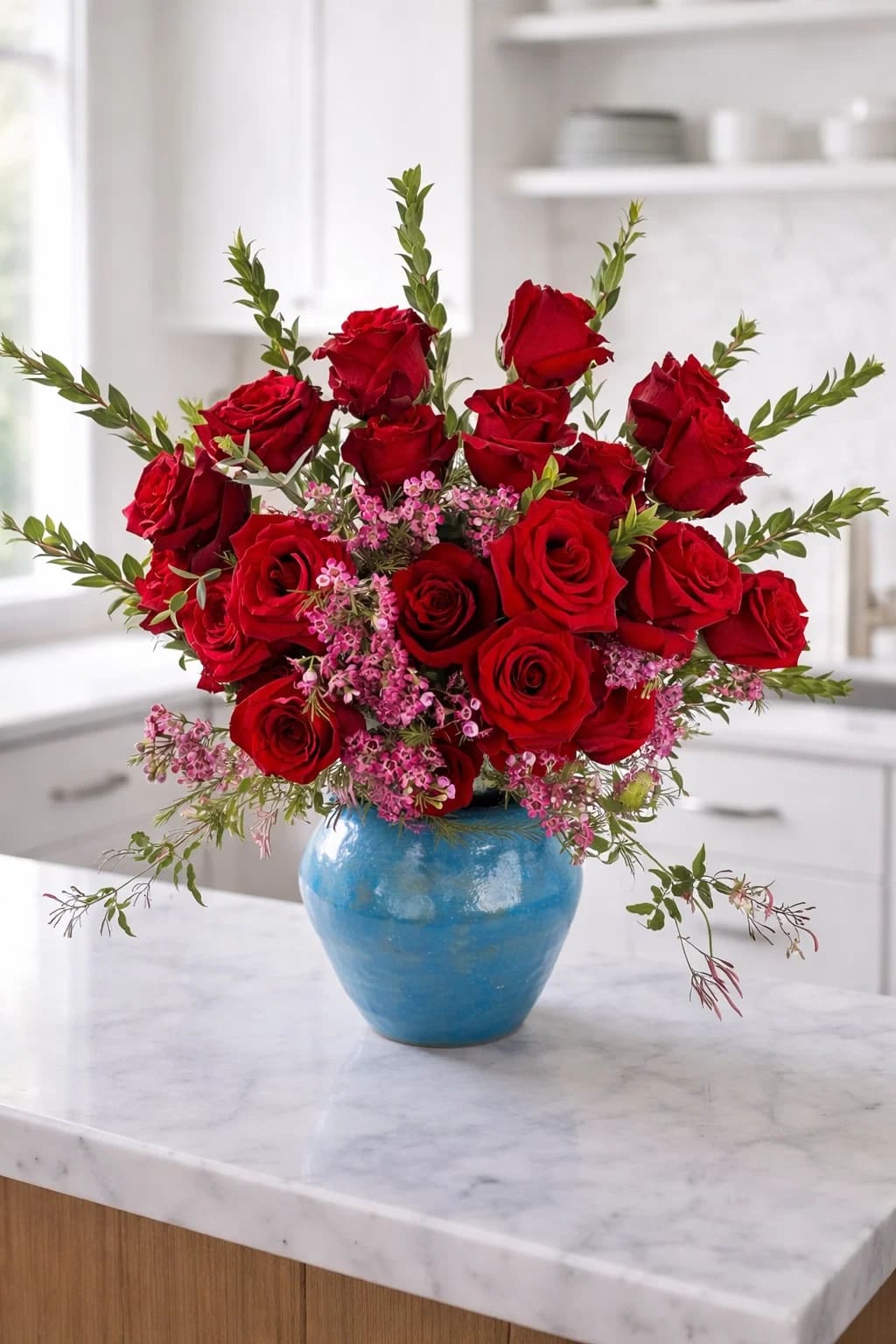 Red roses arranged in a blue vase with pink filler flowers