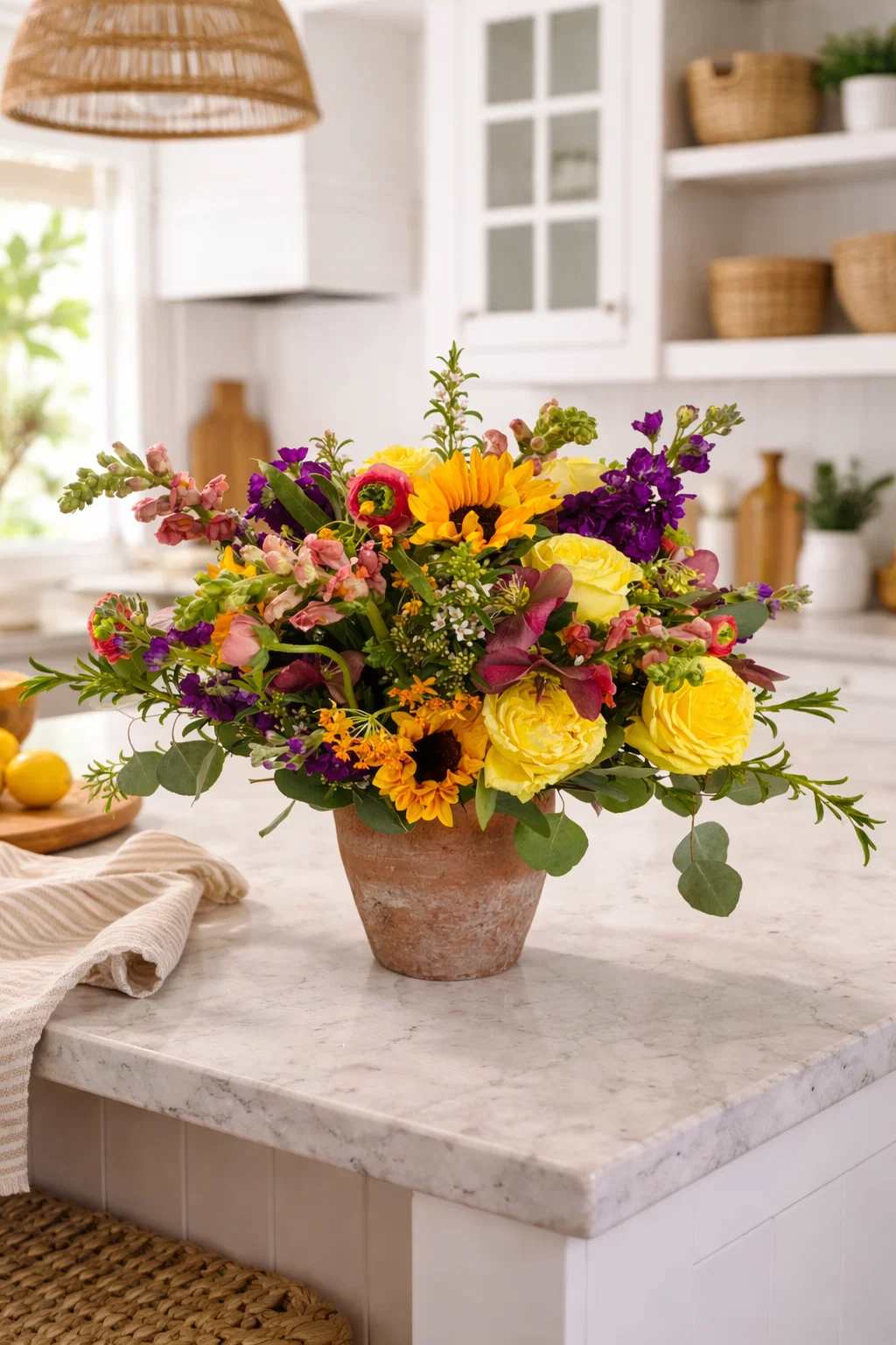 Colorful mixed flower arrangement in a terracotta pot on a kitchen counter
