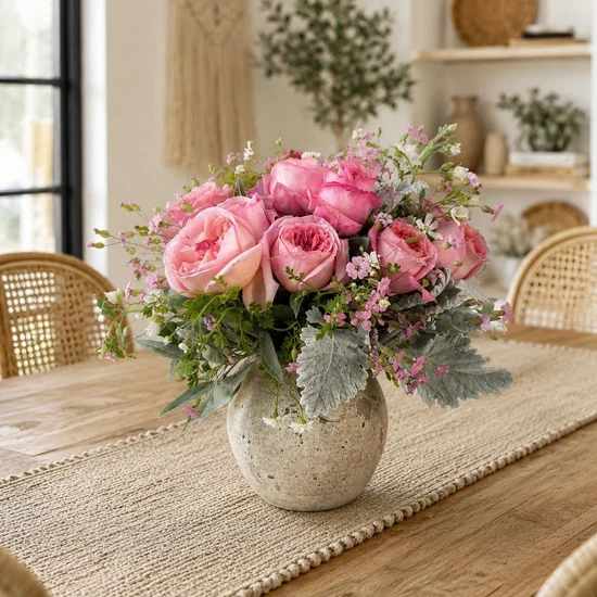 Pink rose bouquet in a round ceramic vase on a dining table