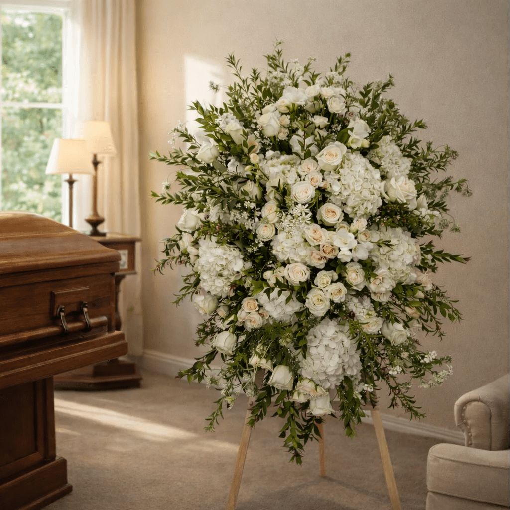 Large white floral standing spray on an easel beside a casket