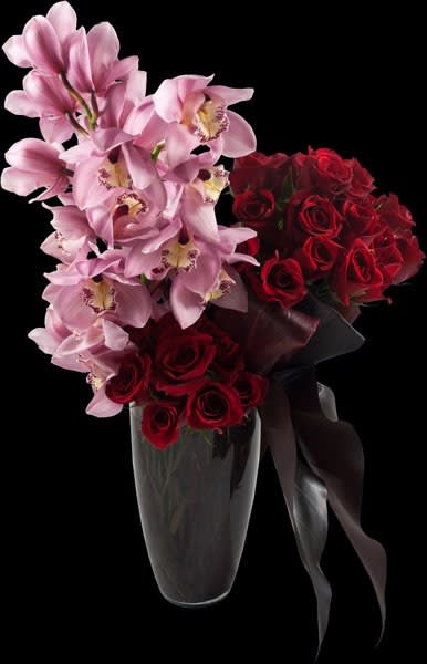 Pink orchids and red roses in a clear vase with a dark ribbon