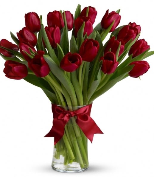 Red tulip bouquet in a clear glass vase with a red ribbon