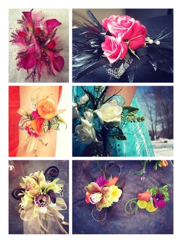 Collage of colorful floral wrist corsages with roses and orchids