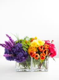 Two colorful flower arrangements in clear square vases