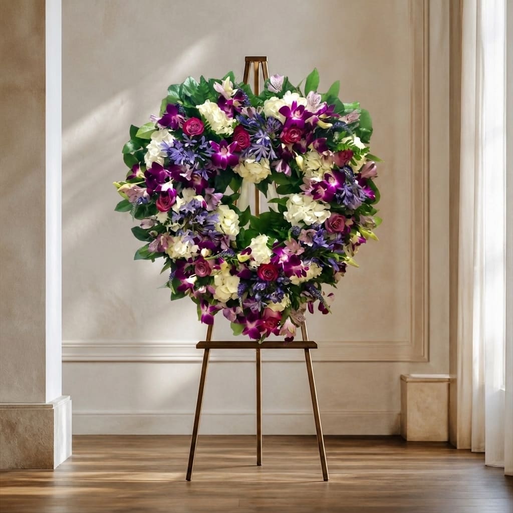 Heart-shaped floral wreath on a stand with purple, white, and pink flowers
