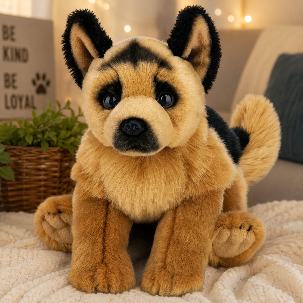 Plush dog toy sitting on a blanket