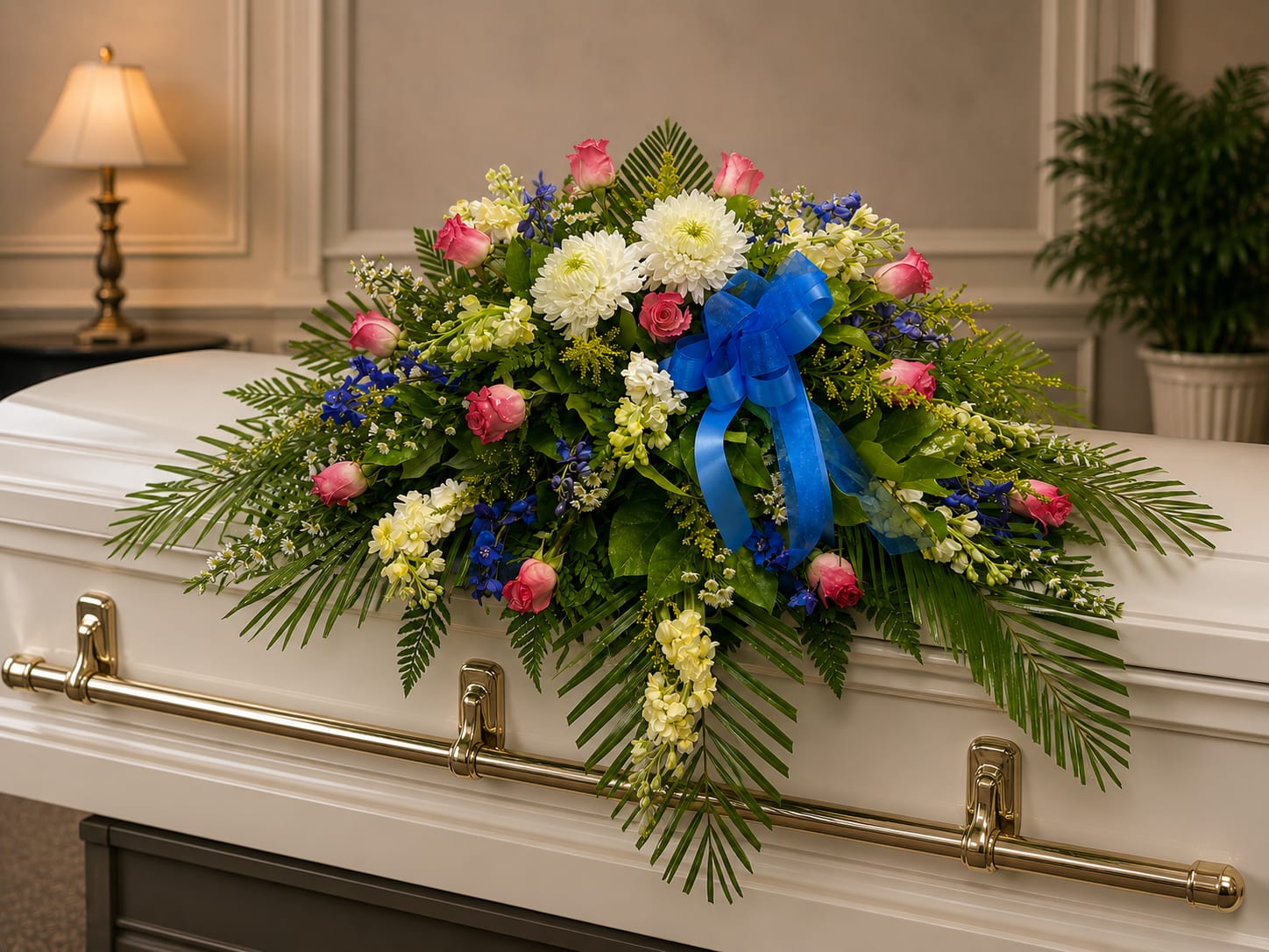 Floral casket spray with pink roses, white mums, and blue ribbon